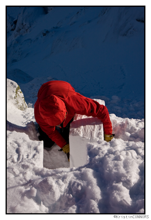 Noah removing a failed column from an avalanche study pit