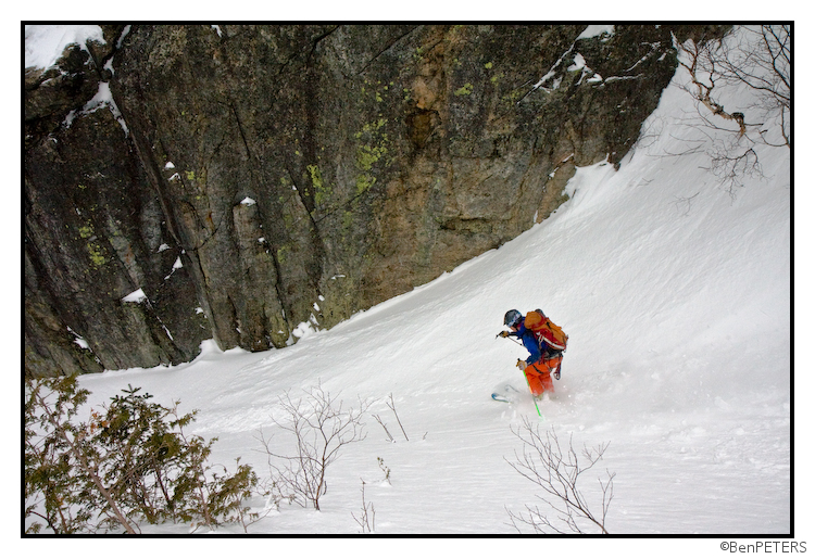 skiing toward the cruxes in the Trap Dike